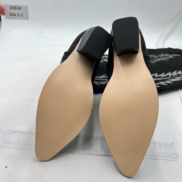 FOWT Black Pointed Toe Knee High Boots Chunky High Heel Embroidery Cowboy Boots - Picture 7 of 8